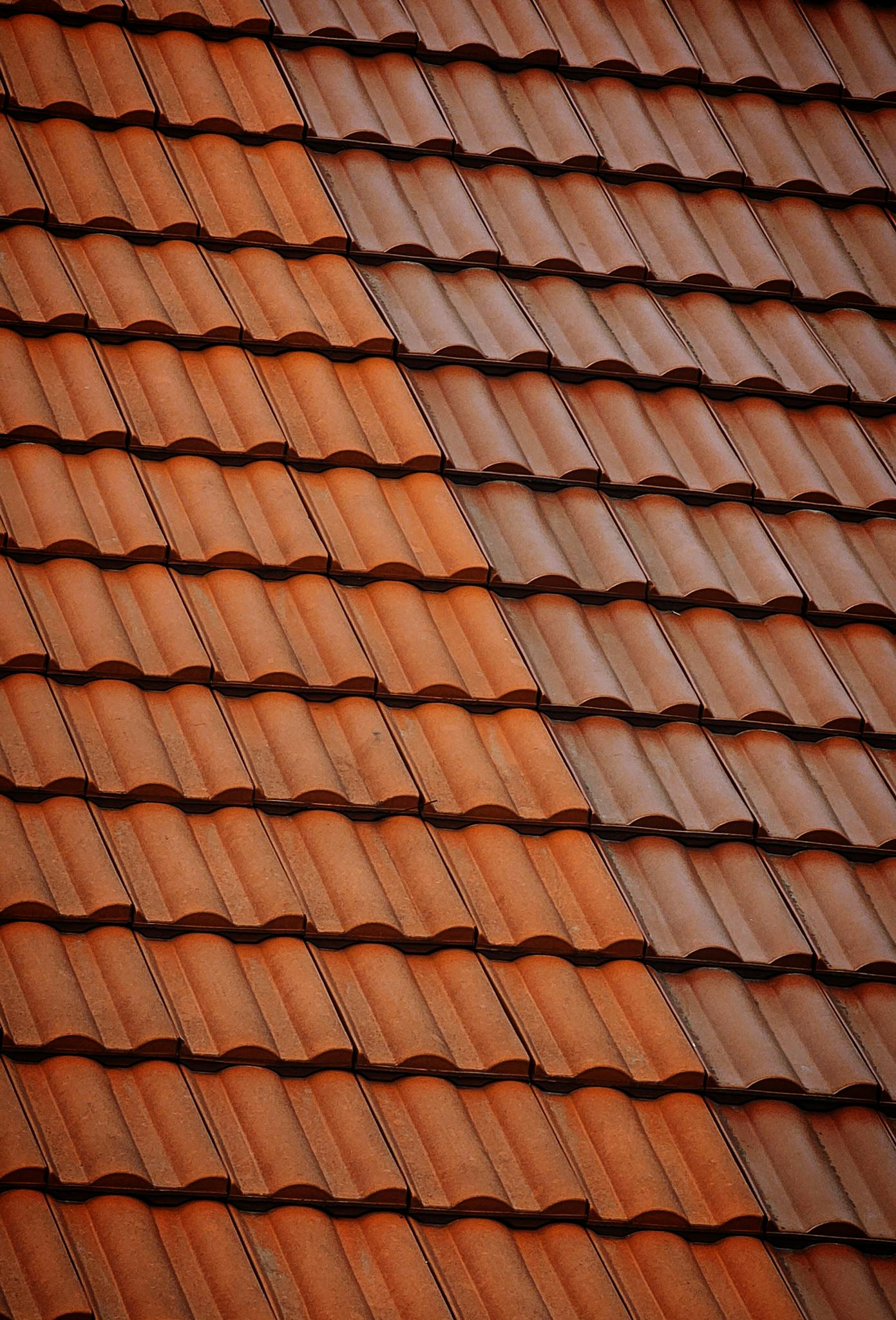 Detailed view of red clay roof tiles forming a repetitive pattern in warm sunlight.